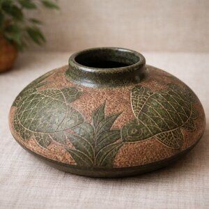 Vintage Studio Art Pottery Turtle Vase Sgraffito Green Brown Stoneware